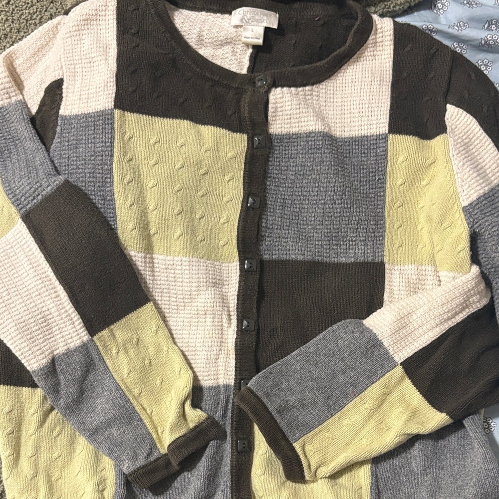 Christopher & Banks Patchwork Cardigan - Cream, Gray, Brown